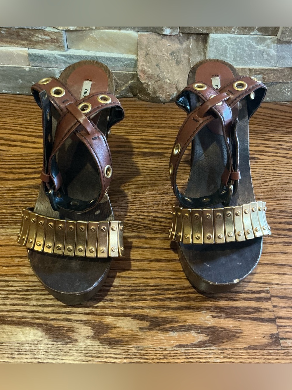 Miu Miu Brown /Gold Leather and Metal Platform Eyelet Ankle Strap Sandals